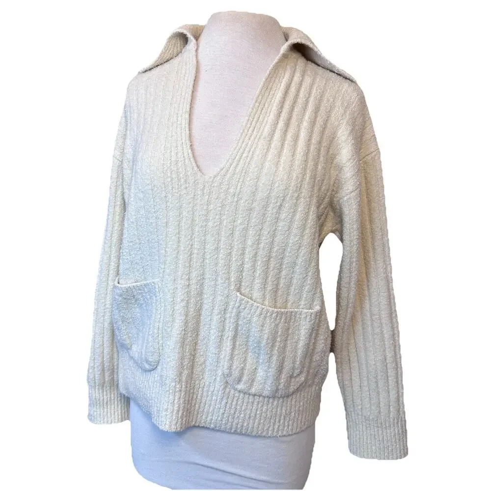 J. Crew Ribbed Boucle Collared Cotton-blend Beach Sweater Cream V-Neck Small
